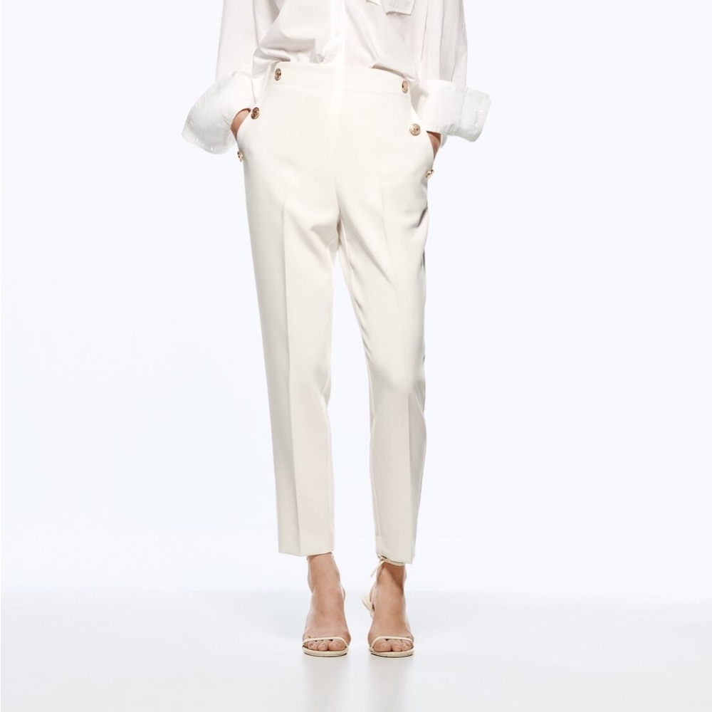 Zara Straight Leg white work slacks, elastic waist back